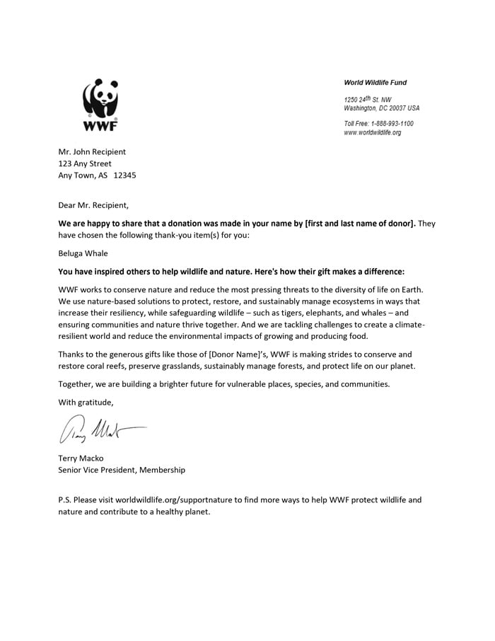 World Wildlife Fund Adoption Kit Benefits Sample Ack Letter